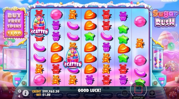 Giro en curso con la posibilidad de otorgar giros gratis en el juego Sugar Rush
